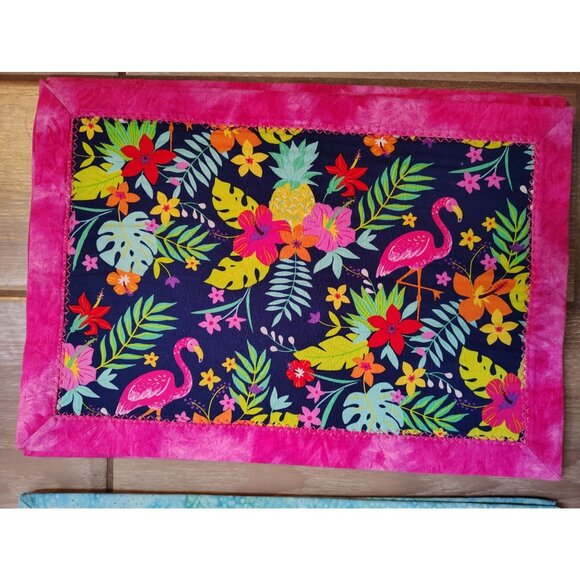 Set of 6 Handmade Tropical Placemats, Teal, Pink, Flamingo Beach Vacation Vibes - Picture 2 of 5